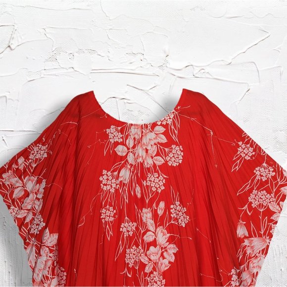 Stunning Vintage Pleated Hawaiian Accordion Caftan Dress Bright Red Floral OSFM - Picture 8 of 12